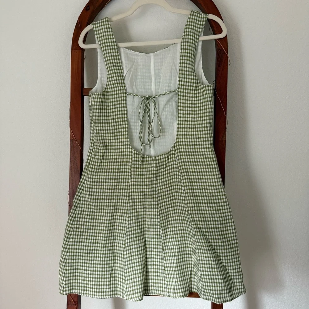 Reformation Amorette Linen Dress in Avocado Check - Picture 4 of 6